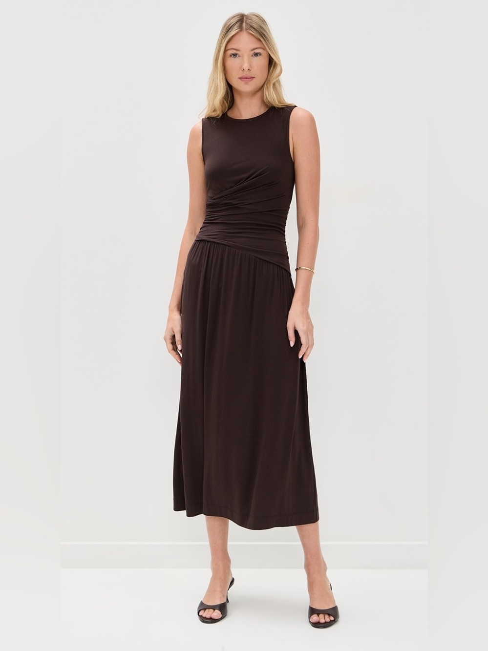 NWT Paige Bonita Dress Java Brown Ruched Midi Minimal Size M